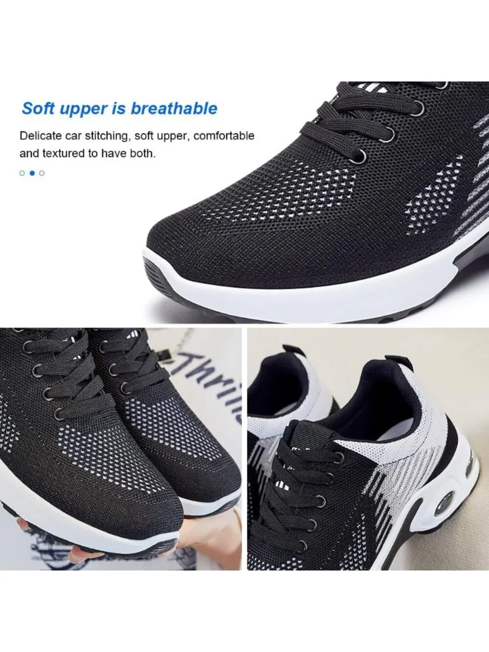 Women's White Black Lightweight Air Cushion Mesh Breathable Casual Sneakers